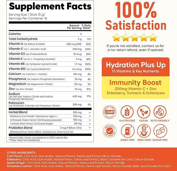 Venture Pal 2-in-1 Hydration + Immune Electrolytes Powder Packets with 7 Electrolytes & 6 Vitamins, Elderberry, Turmeric, Echinacea | Liquid Daily IV Drink Mix | Sugar Free | Keto Friendly, 16 Sticks