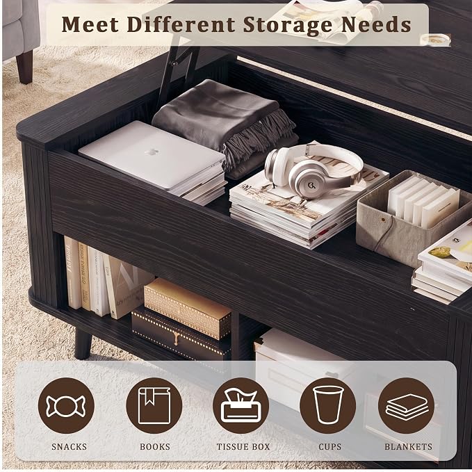 HUAHUU 41.3" Lift Top Coffee Table, Modern Coffee Table with Storage, Fluted Coffee Tables with Lift Tabletop, Hidden Storage Compartment & Lower Shelf for Living Room, Home Office, Black