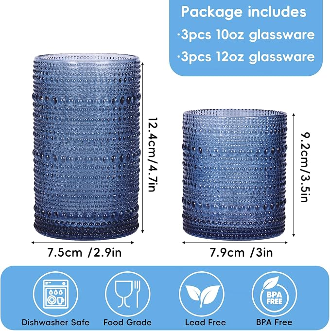 Moretoes Hobnail Drinking Glasses Set of 6, 12 Oz Highball Glasses & 10 Oz Cocktail Glasses, Clear Embossed Boho Glass Cups Kitchen Bar Tumbler Glassware Set for Whiskey, Beer, Juice, Milk (Blue)