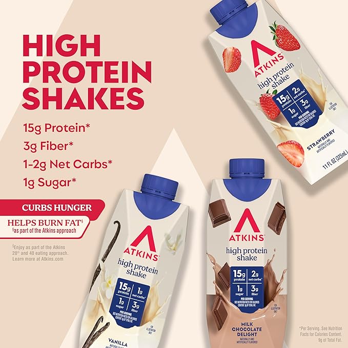 Atkins Best Sellers Protein Shake Variety Pack, Strawberry, Vanilla and Milk Chocolate Flavored Protein Shakes, 15g Protein, 3g Fiber, GLP-1 Friendly, 12 Count