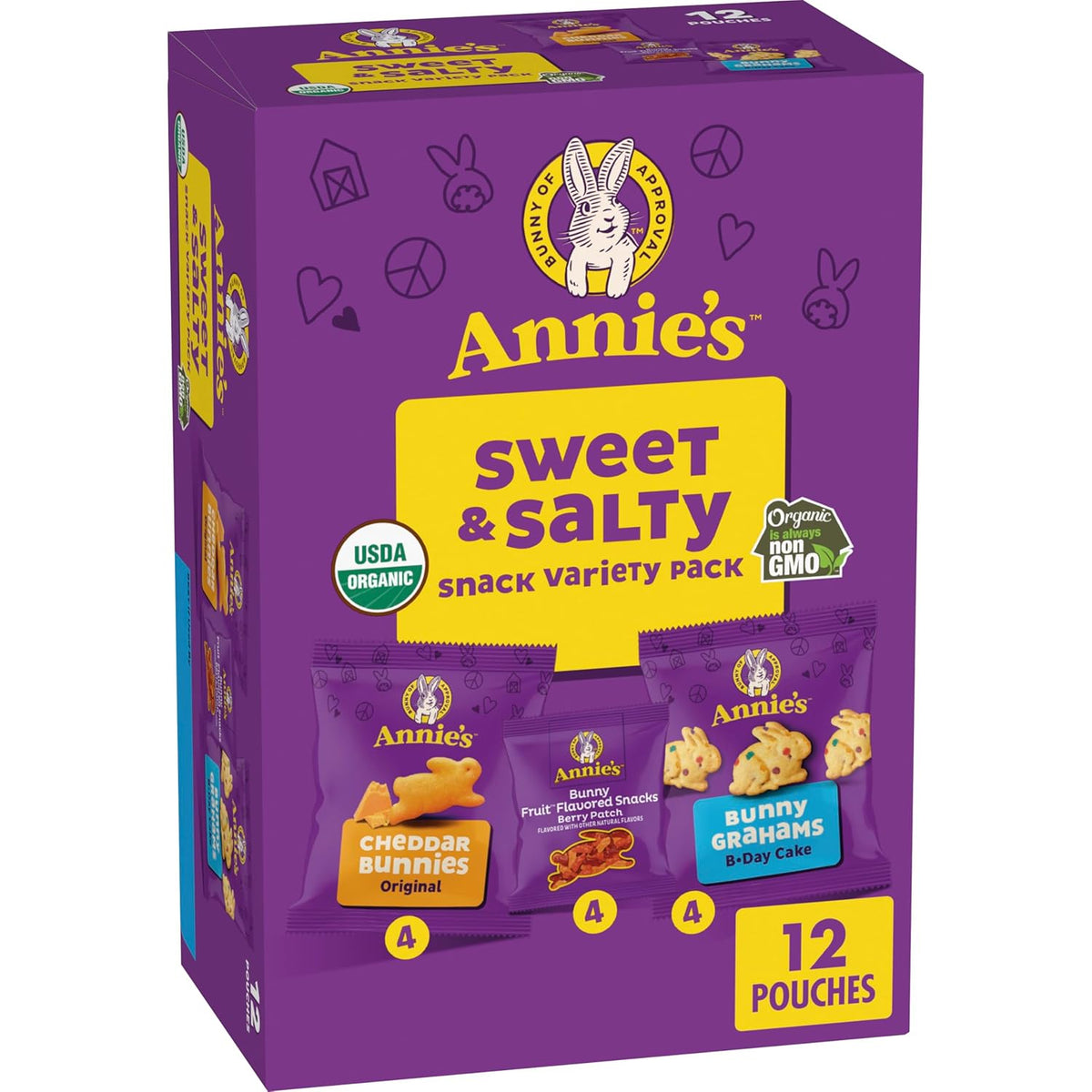 Annie's Sweet and Salty Snack Variety Pack, Cheddar Bunnies, Bunny Grahams and Bunny Fruit Flavored Snacks, Organic Kids Snacks, 12 Pouches, 10.8 oz