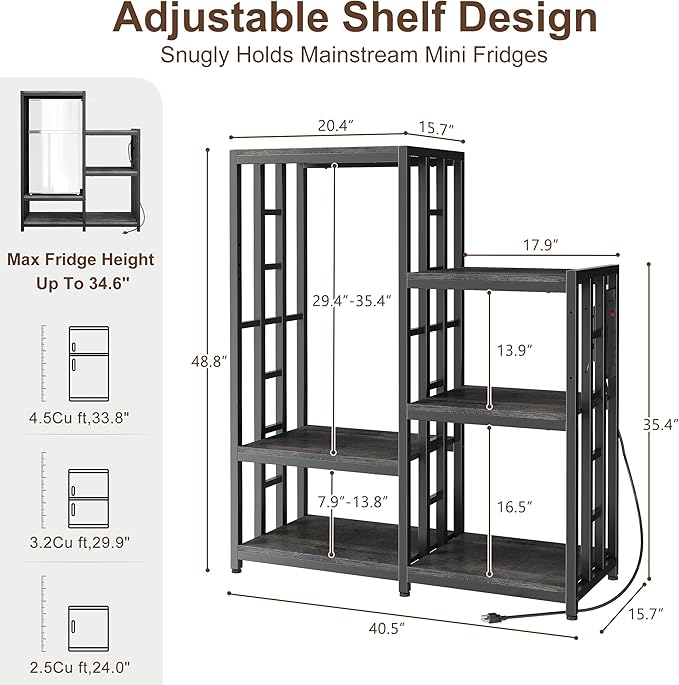 Mini Fridge Stand Coffee Bar Cabinet Station With Small Refrigerator Insert Storage Space, Shelf Organizer For Dorm Microwave To Sit On, Grey Baker Rack With Power Outlet, Big Table To Go Over Fridge