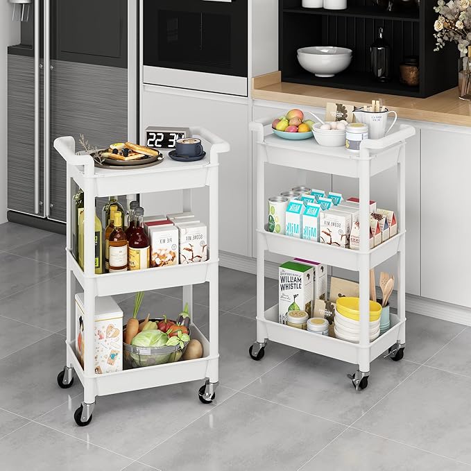MIOCASA Utility Rolling Cart with Cover Top Board, 3-Tier Kitchen Storage Organization, Art Cart with Wheels for Office, Classroom, Livingroom, Kitchen, Bathroom (White, 3-Tier-Plastic)