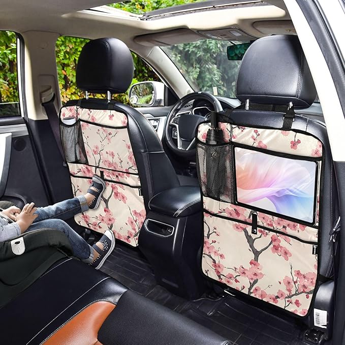 JIPONI Car Backseat Organizer, Japan Cherry Blossoms Automotive Back Seat Protector, Kick Mats with Storage Pockets for Kids Pets, Road Trip Accessories
