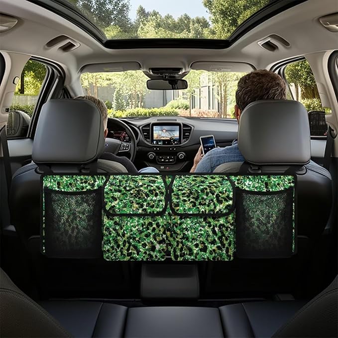 Hanging Trunk Organizer Green Leopard Print Back of Seat Car Organizer with 4 Pockets, Buckle Strapes Trunk Organizer Universal Fit Most Sedan SUV MVP Hatchback