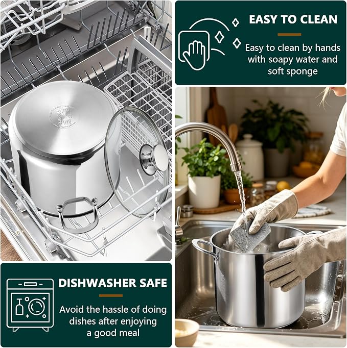 P&P CHEF 10 Quart Stainless Steel Stock Pot with Lid, Large Stockpot for Cooking Pasta Soup, Cookware for Induction Gas Electric Stoves, Visible Lid & Measuring Markings, Dishwasher Safe