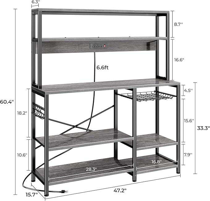 SUPERJARE Bakers Rack with Power Outlet, 47.2 Inches Coffee Bar with Wire Basket, Kitchen Microwave Stand with 6 S-Shaped Hooks, Open Storage Shelves, Grey