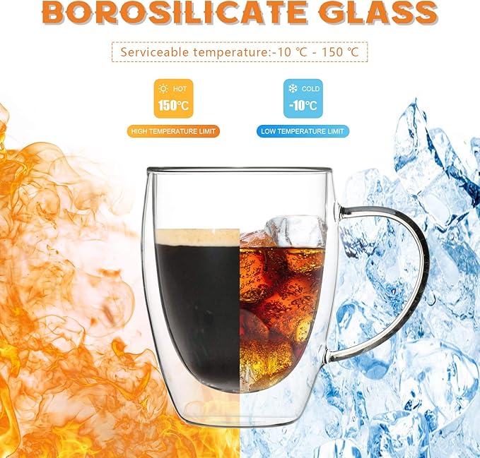 MEWAY 12oz/6 pack Coffee Mugs,Clear Glass Double Wall Cup with handle for Coffee, Tea, Latte, Cappuccino (12 oz，6)