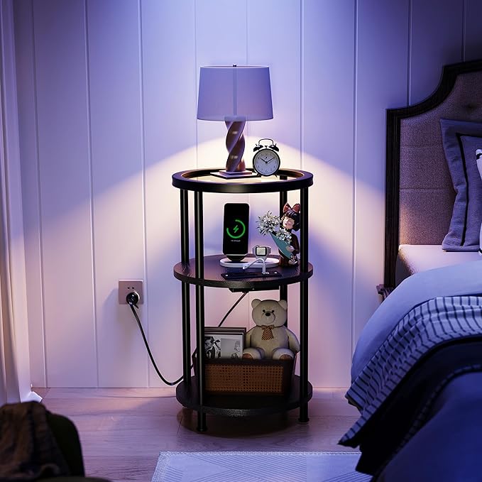 Homeiju Round Side Table with Glass Top, 3-Tier Glass End Table with USB Ports & Power Outlets, Bedside Table for Small Space for Living Room, Balcony, Bedroom, Black