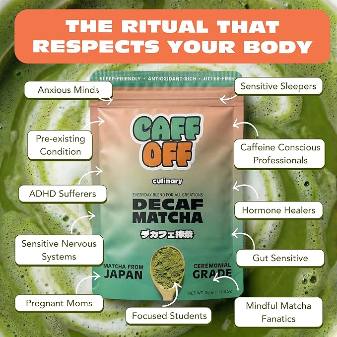 Caff Off Decaf Matcha Green Tea Powder From Japan - 1.06 oz / 30 g - Culinary Grade - Naturally Decaffeinated Using No Chemicals - Tested For Heavy Metals & Pestacides - First Harvest & Shade Grown Caffeine Free Matcha Powder