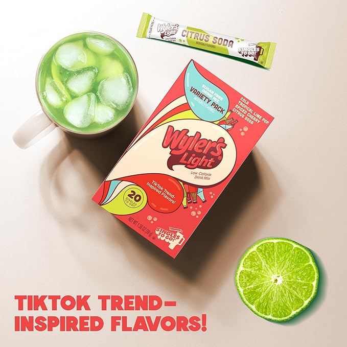 Wyler’s Light Singles To Go Water Drink Mix, Soda-Inspired Flavor Pack, 20 Sticks (Cola, Tropical Lime Pop, Spiced Cherry, Citrus Soda), Sugar Free, Low Calorie