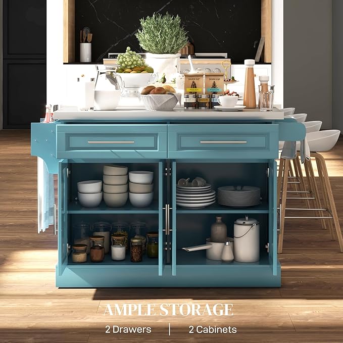 HOMCOM Rolling Kitchen Island Cart with 47" Stainless Steel Top, Portable Island Table for Kitchen with Wheels, Adjustable Shelves, 2 Drawers, Spice, Knife and Towel Rack, Teal Blue