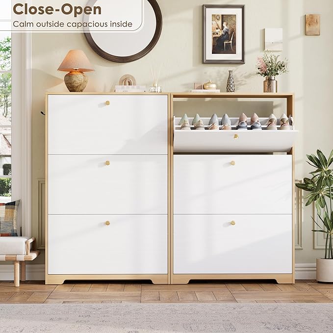 Nicetree Shoe Storage Cabinet for Entryway, Modern Shoe Cabinet, Freestanding Shoe Rack Cabinet, Hidden Shoe Dresser for Hallway,Foyer, Natural Oak and White
