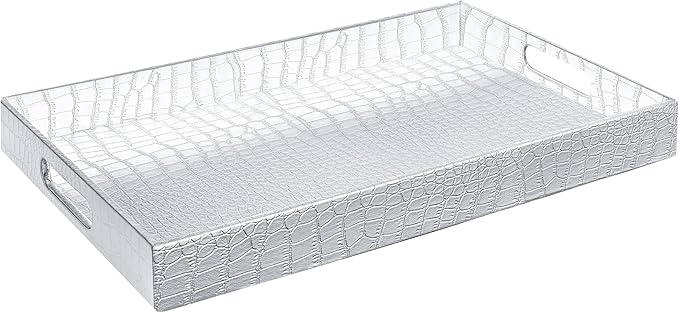 17.5"x12" Silver Glossy Crocodile Faux Leather Serving Tray Beautiful Modern Elegant Decorative Tray with Handles Ottoman Coffee Table Ottoman Perfume Makeup Display for All Occasion's