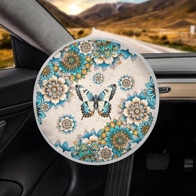 Washable Steering Wheel Sunshade Cover Bohemian Flower Butterfly Pattern Cooling Steering Wheel Sun Block 17"x17" Steering Wheel Covers Universal Fit Truck Van Car SUV