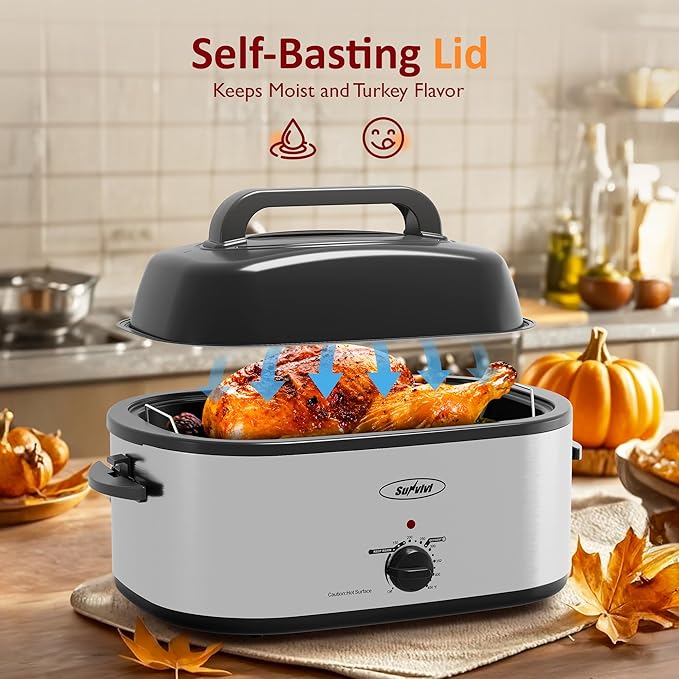 Sunvivi Electric Roaster,28 Quart Roasting Oven with Self-Basting Lid Removable Pan,Turkey Roaster Oven with 150 to 450F Temperature Control Cool-Touch Handles, Sliver