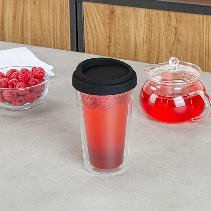 Restaurantware - Forma Professional 13.5 Ounce Insulated Travel Mugs With Lids, 10 Double Wall Coffee Mugs - Includes Lids, Reusable, Clear Borosilicate Glass Tumblers, Dishwashable, Microwavable