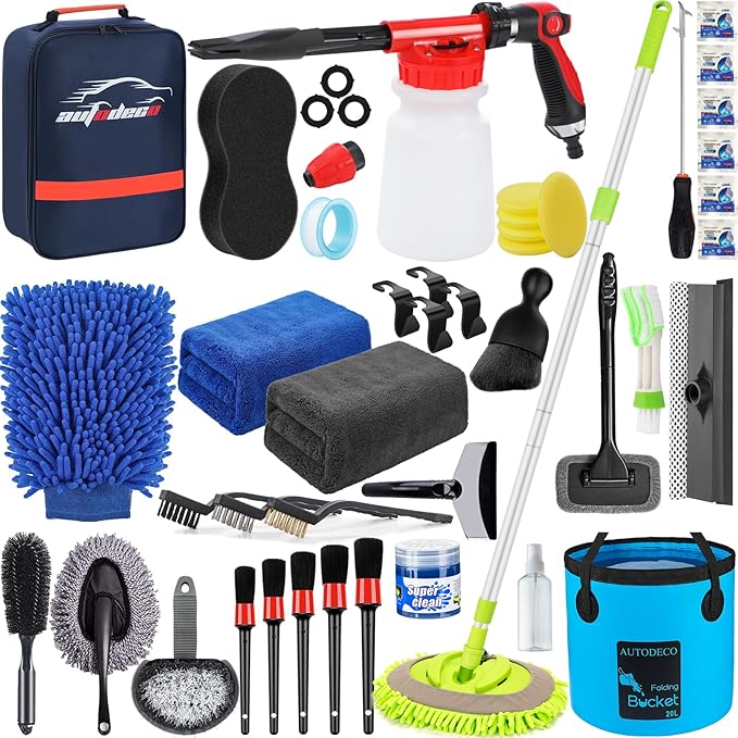 AUTODECO 42Pcs Car Wash Detailing Kit Cleaning Set with Foam Gun Sprayer, Long-Handle Brush, Collapsible Bucket, Large Wash Mitt, Towels, Complete Interior & Exterior Car Washing Supply Set (Blue)