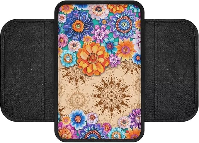 Dreaweet Car Center Console Cover with Pockets Boho Mandala Lotus Armrest Cover for Car Women,Universal Arm Rest Cover for Car Center Console for Truck SUV Cars Sedan