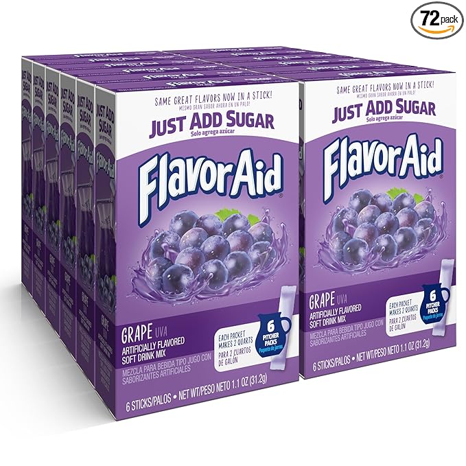Flavor Aid Grape Unsweetened Drink Mix Pitcher Packets, 2 Quart (6 Sticks), 72 Count
