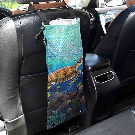 ALAZA Hanging Car Trash Bags Garbage Bag Trash Can for Back Seat Small Sea Turtle 1 Washable Storage Bag Retractable 2 Pack