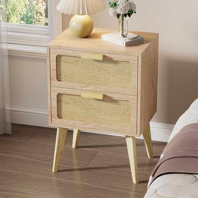Small Rattan Nightstand,Boho Bedside with Storage,End Table,Side Table with 2 Hand Made Rattan Decorated Drawers for Small Space,Livingroom,Bedroom,Natural 11.8" D x 16" W x 22.4" H CTG59Y