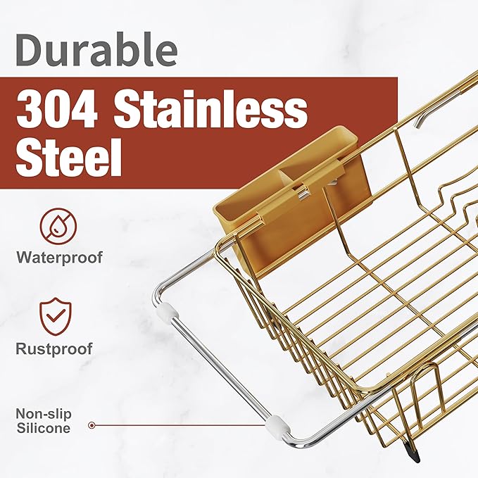 JASIWAY Gold Dish Drying Rack in Sink, Expandable Stainless Steel Dish Drainers for Kitchen Counter, Dish Dryer Rack for Inside Sink, Over The Sink Dish Racks with Utensil Holder