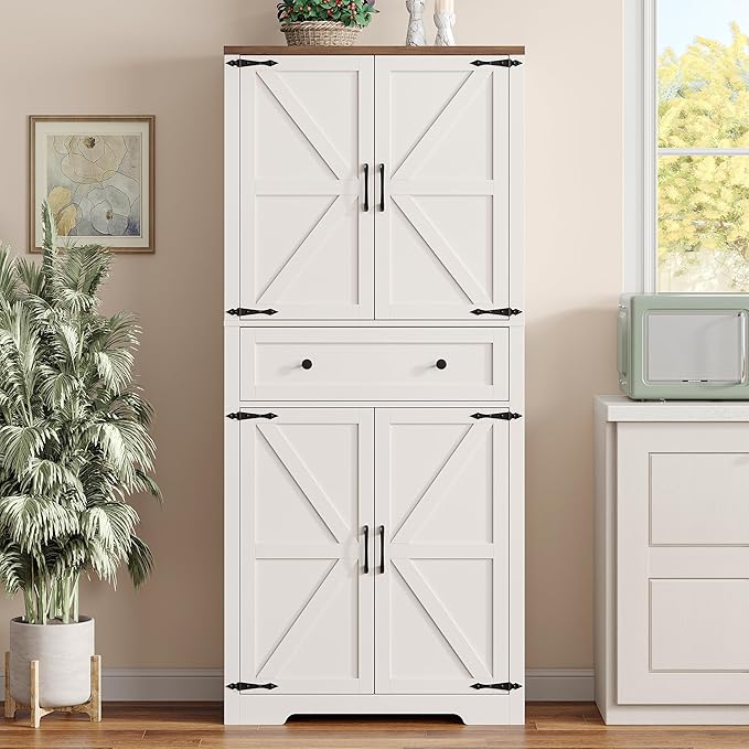 71" Tall Kitchen Pantry Storage Cabinet with Barn Doors and Shelves, White Farmhouse Linen Storage Cabinet With Drawers, Free standing Food Pantry Cabinets for Kitchen, Dining Room, Living Room