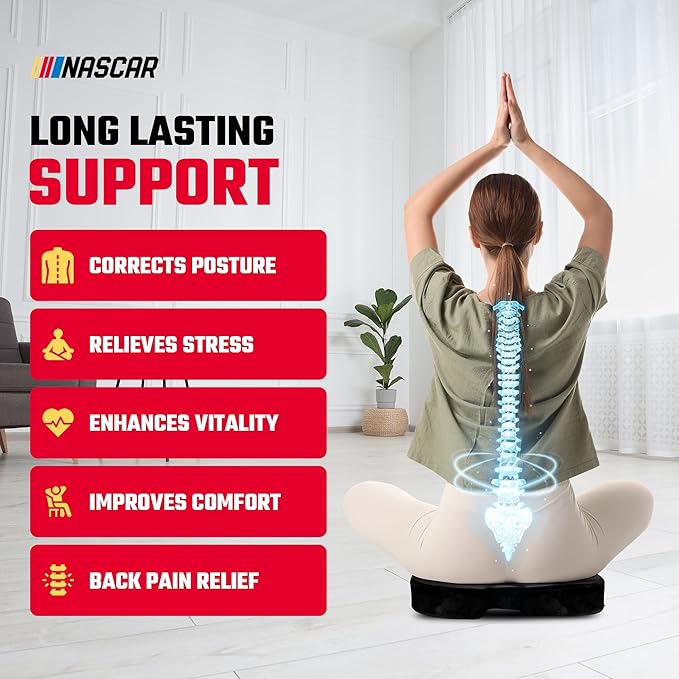 NASCAR Seat Cushion | Ergonomic U-Shape with Memory Foam for Tailbone, Sciatica, & Back Pain Relief | Breathable & Comfortable Velvet w/Non-Slip Rubber Bottom | for Car, Office, Home, Travel | Black