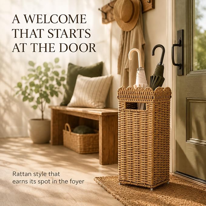 AceList Woven Umbrella Holder for Entryway, Rattan Umbrella Stand for Indoor Foyer with Removable Drip Tray, Scalloped Cane Holder Basket for Walking Sticks & Front Door, Farmhouse Decor, 16.5" Tall