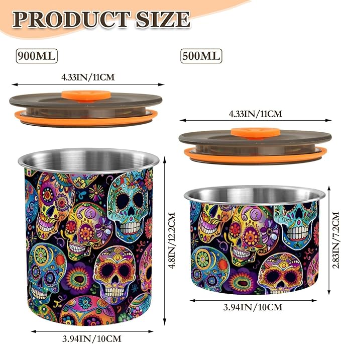 ALAZA Sugar Skulls Day Of Dead Kitten Cats Airtight Coffee Bean Canister Customed 900ml Food Storage Containers with Lids For Gournd, Tea, Sugar, Flour, Rice, Cereal, Candy Cookie Jar
