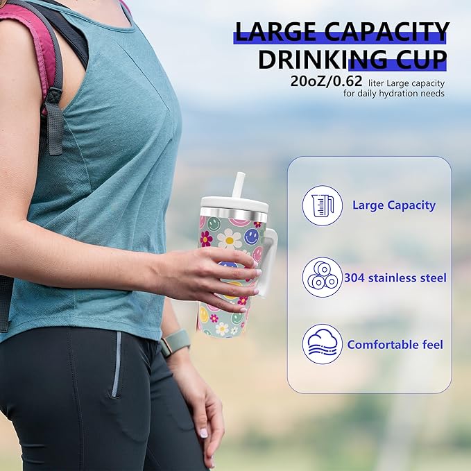 2PCS 20-OZ Insulated Water Bottle,Insulated Stainless Steel Tumbler,Reusable Cold Drink Thermos,BPA-Free, Double-Wall Stainless Steel Water Bottle (Green-Simleyface Flowers, 20, Fluid Ounces)