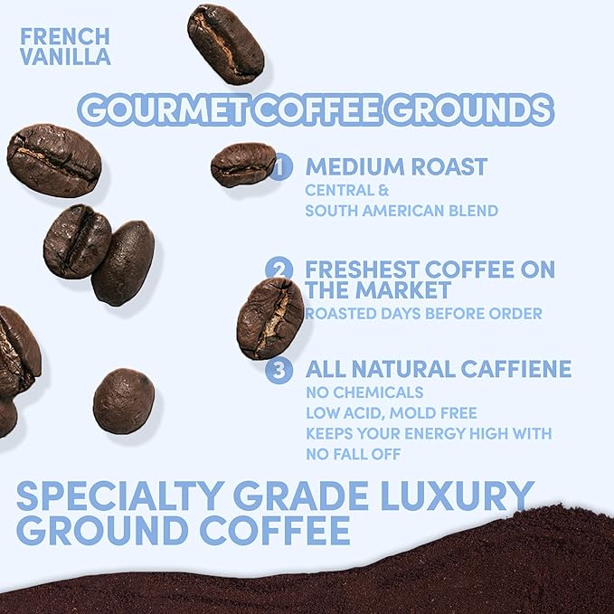 French Vanilla Ground Coffee 12oz – Vanilla Flavored Coffee, Medium Roast Gourmet Arabica, Smooth & Sweet Specialty Grade