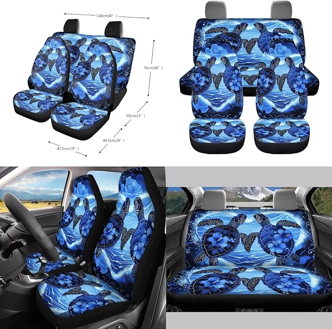 10 Pcs Car Seat Covers Full Set Interior Sets, Sea Turtle Flower Printed High Back Car Front Rear Seat Cover with Steering Wheel Cover Keychain Coaster Trash Can Air Vent Storage Bag
