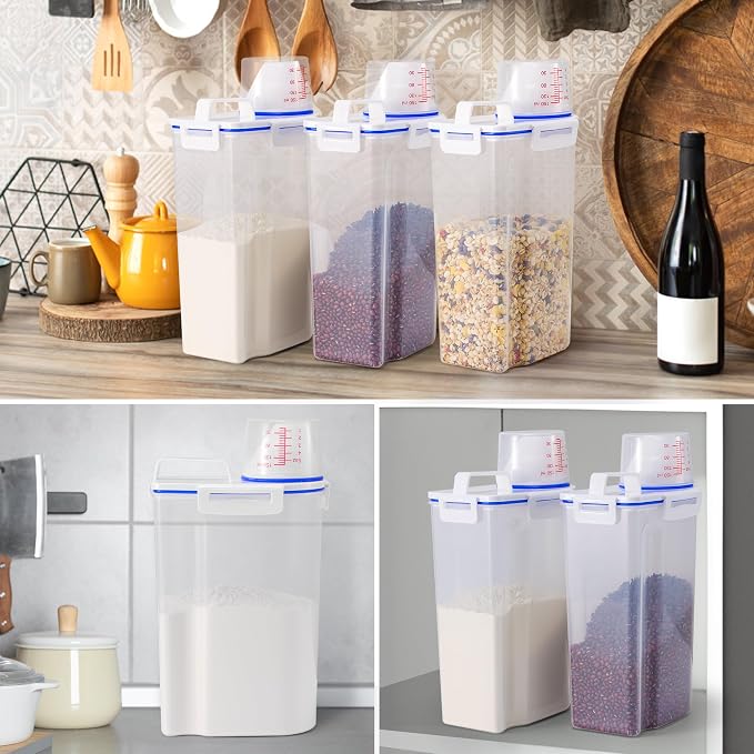 6 Pcs Set Rice Storage Container, Flour Dispenser with Pouring Spout & Measuring Cup, Kitchen Plastic Dry Food Storage Bin for Grain Oatmeal Snacks Pet Dog Food