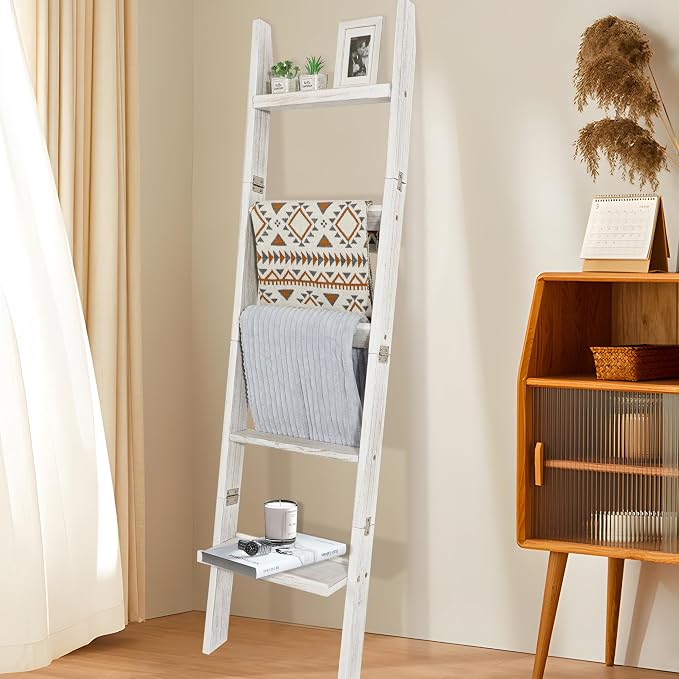 67" Wooden Blanket Ladders for The Living Room,5-Tier Ladder Shelf, Ladder Rack for Storage and Decor (Weathered White)