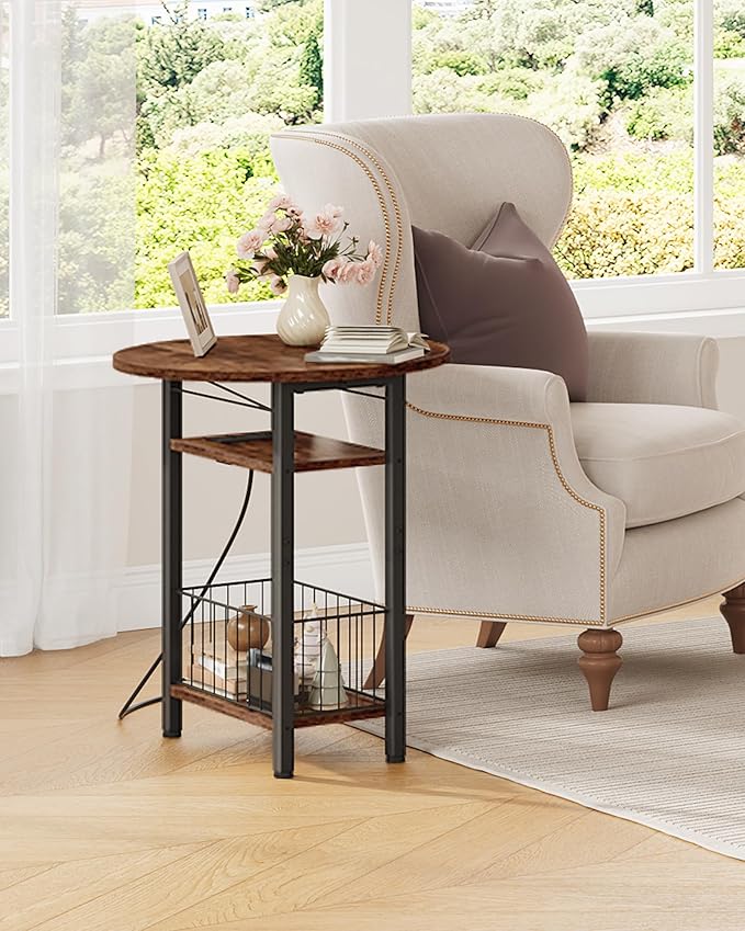 Folding Side Table, Side Table with Charging Station, 3-Tier Narrow End Table with Folding Top, Round Side Table for Small Spaces, for Living Room, Bedroom, Rustic Brown TBZ10UBF