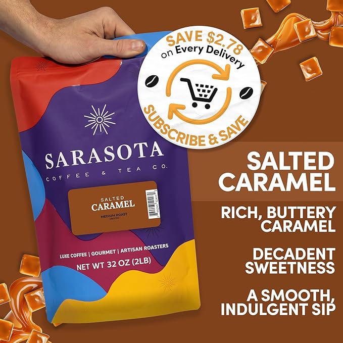 2 lb Caramel Ground Coffee | Caramel Flavored Coffee Medium Roast | Bulk Sweet Smooth Flavored Ground | Specialty Grade | 32 oz