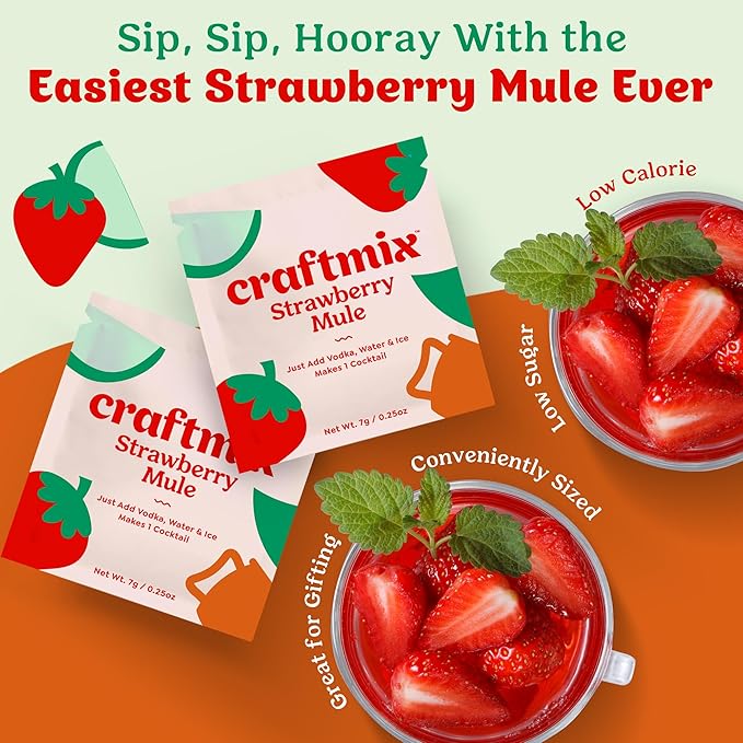 Craftmix Strawberry Mule Cocktail & Mocktail Drink Mixer, Skinny Mixes - Water Flavoring Packets - Made With Real Fruit - Vegan, Low-Carb, Low-Sugar, Non-GMO, Dairy Free, Gluten Free, 12 Pack