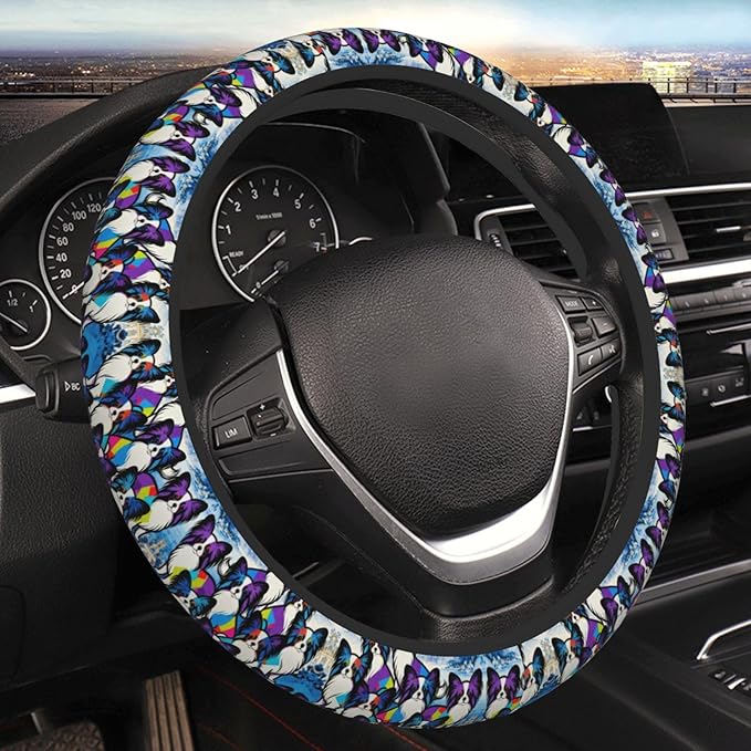 Multi-Color Papillon Dog Neoprene Steering Wheel Covers Women Men Car Accessories, Universal 15 Inch Fit Auto, Suvs, Truck