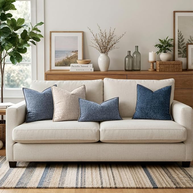 MIULEE Pack of 2 Couch Throw Pillow Covers 18x18 Inch Dark Grey Blue Farmhouse Decorative Pillow Covers with Stitched Edge Soft Chenille Solid Dyed Pillow Covers for Sofa Bed Living Room