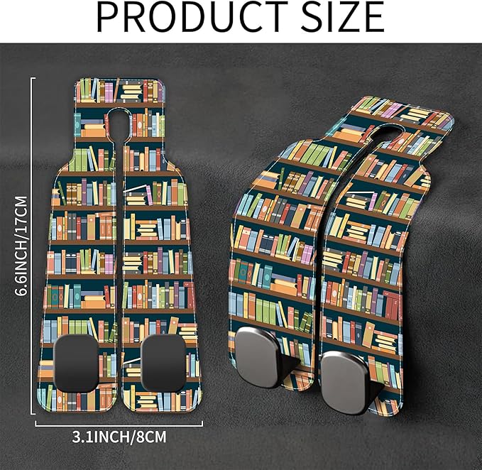 Purse Hook for Car Vintage Bookshelve Library Bookcase 1 Pack Headrest Back Seat Hook Premium Leather Double Metal Hanger Storage Pack Bag Purse Holder Car Accessories