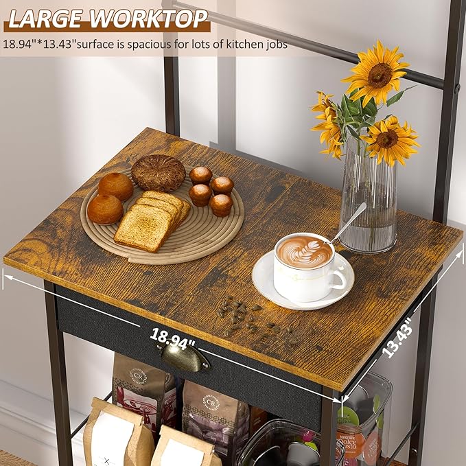 5 Tier Coffee Bar Station with Drawer, Kitchen Stand with 4 S-Shaped Hooks, Farmhouse Corner Coffee Bar Cabinet for Small Spaces, Bakers Rack for Kitchen, Living Room, 13.43" D x 18.93" W x 53.31" H