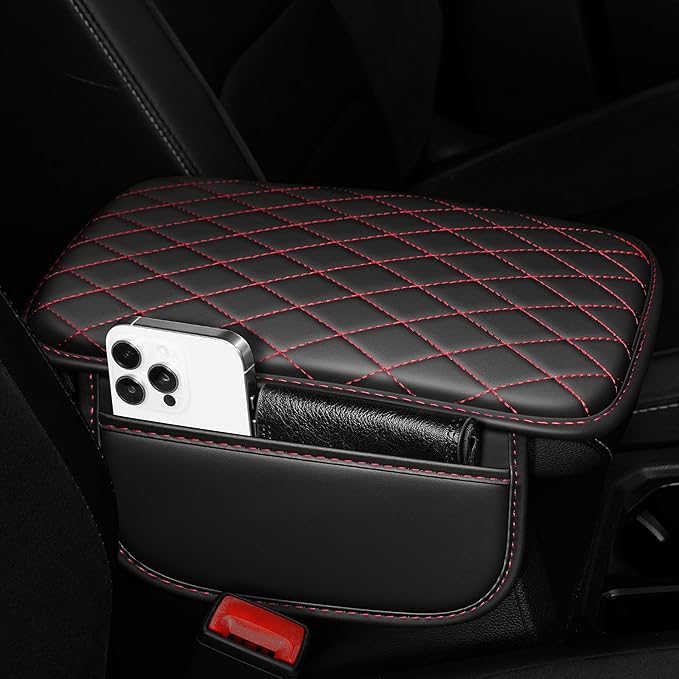 Car Center Console Cover Fit for Buick Lacrosse - Upgraded Faux Leather Armrest Cushion with 2 Storage Pockets - Waterproof & Durable Armrest Protector for Car (Black & Redline)