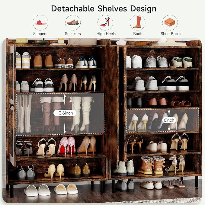 ONBRILL Shoe Storage Cabinet with Cross Molding Doors, 6-Tier Shoe Cabinet with 3 Adjustable Shelves and Metal Legs, 45 Inch Tall Shoes Rack Organizer for Entryway, Front Door, Rustic Brown