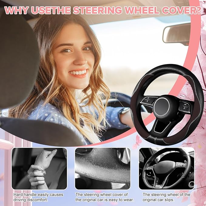 Brown Steering Wheel Cover, Slip-Proof Breathable Comfort PU Imitation Leather Cute Car Accessories for Women Girl, Universal Protector in All Season 15 inch Fit Most Car