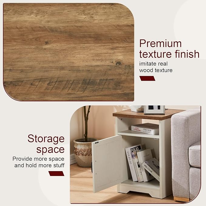 AMERLIFE 4-Piece Farmhouse Table Set Includes Sliding Barn Door TV Stand, Coffee Table& Two End Tables, Side Table with Charging Station and USB Ports for Living Room, Distressed White, 66"