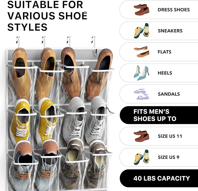 Simple Houseware 24 Pockets Large Clear Pockets Over The Door Hanging Shoe Organizer, Gray (56" x 22.5")