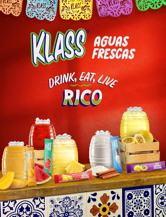 Klass Aguas Frescas, Powdered Drink Mix Variety Pack, 44 Singles Zero Sugar & Caffeine-Free Powder Packets, Water Drink Mix, Flavors: Mango, Watermelon, Pineapple & Passionfruit - 5 Calories Per Packet & Natural Flavors
