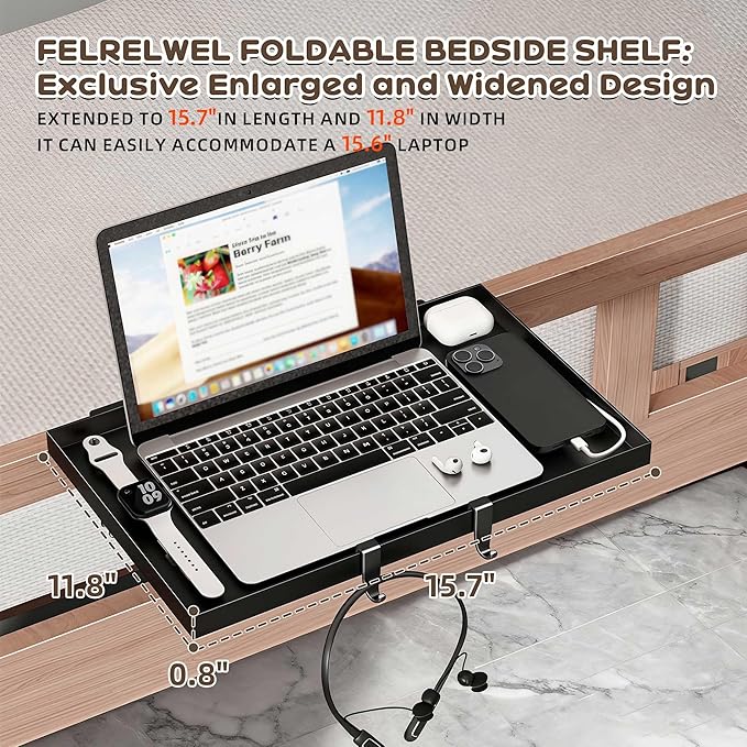 Foldable Bedside Shelf, Extra Large Floating Tray Table for Dorm Room & Bunk Bed, Side Table with 3 Cord Holes,College Dorm Room Essentials for Max 15.6" Laptops (15.7" x 11.8", Black)